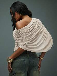 Hauture Fall Boho Sexy Casual Asymmetrical One Shoulder Ruched Drape Top - Beige - View 2