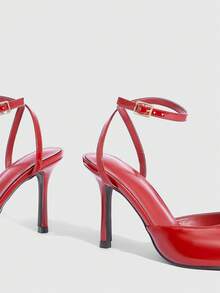 CUCCOO SZL 米色PU撞色蕾丝拼接时尚优雅性感露跟尖头高跟鞋情人节 - 紅色 - 查看 6