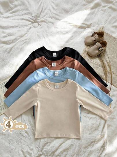 Vintaside Kids 男宝宝春秋季多色圆领长袖T恤四件套有四种时尚颜色：黑色、杏色、浅蓝色和棕色。