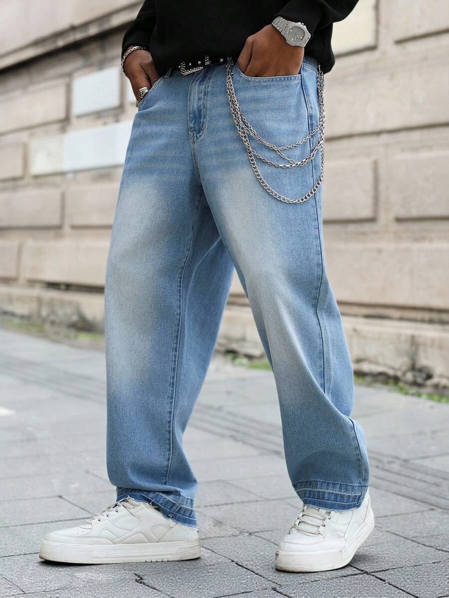 Manfinity EMRG Men's Casual Loose Fit Distressed Hem Leopard Mustache Print Blue Jeans Baggy Jeans Streetwear Baggy Jeans Men, Perfect Holiday Gift For Boyfriend & Husband Men Light Wash Jeans - Light Wash - View 1