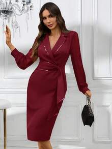 SHEIN LUNE 女款優雅酒紅色亮片拼接中長版裹身洋裝，長袖秋季婚禮賓客時尚中長洋裝 - 酒紅色 - 查看 12