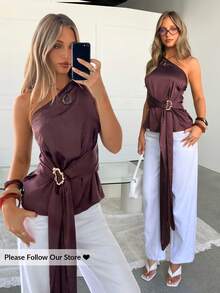 Siren Gaze 女士时尚休闲度假风搭扣垂褶修身衬衫，夏季优雅棕色度假风不对称单肩上衣，巧克力棕色系带上衣 - 棕色 - 查看 1