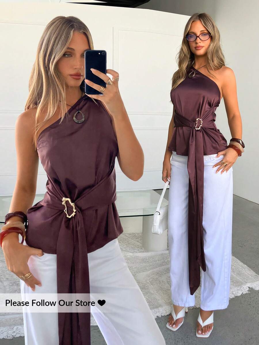 Siren Gaze 女士时尚休闲度假风搭扣垂褶修身衬衫，夏季优雅棕色度假风不对称单肩上衣，巧克力棕色系带上衣 - 棕色 - 查看 1