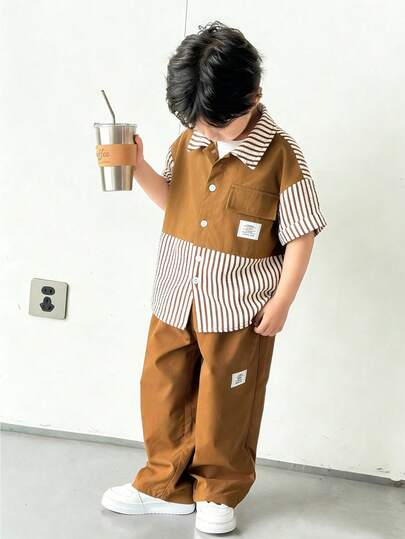 2件套男童舒适休闲宽松条纹拼接衬衫裤套装，适合春夏穿着