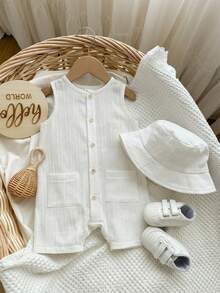 两件套，含帽子，男女宝宝夏季杏色条纹圆领无袖连体衣短裤和百搭休闲渔夫帽，适合外出和旅行 - 白色 - 查看 4
