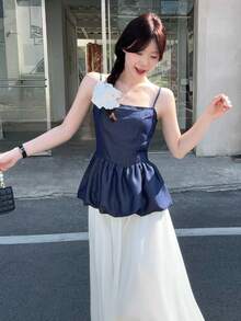 DAZY Bộ đồ hai mảnh gồm áo hai dây phối màu tương phản và chân váy viền ren, phong cách Hàn Quốc thường ngày, thích hợp mặc ở nhà vào mùa hè cho nữ. - Màu xanh lam - Xem 7