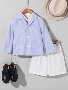 SHEIN Holiday 2pcs Young Boys Lapel Cardigan Jacket And Elastic Waist Shorts Set,Suitable For Birthday Party,Christmas,Wedding,Performance,Graduation - Blue - View 8