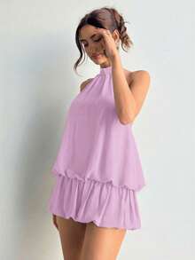 Aloruh Purple Floral Bud Collar Sleeveless Backless Loose Fashion Dress - Lilac Purple - View 4