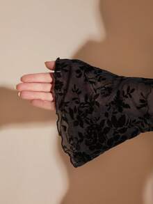 SHEIN BAE 大码女式春秋冬黑色花卉植绒印花大方领喇叭长袖连体衣，内搭连体衣，优雅性感甜美约会连体衣，假日穿着，通勤连体衣 - 彩色 - 查看 5