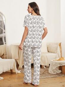 SHEIN Elegant Lace Embroidery Print Short Sleeve Pajama Set For Women - White - View 4