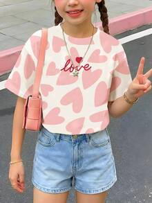 SHEIN 少女奶油粉色，可爱甜心吐司图案印花，休闲简约圆领短袖基础款T恤，适合春夏日常穿着、节日、度假、外出等场合，舒适百搭，休闲时尚，充满情人节氛围，甜心图案T恤，春夏休闲风。 - 彩色 - 查看 4