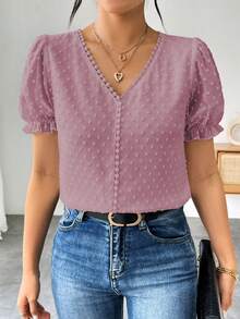 Elenzga Blusa de mujer con cuello en V, mangas abullonadas y detalle de volantes con lunares de estilo francés y unicolor - Morado - Ver 5