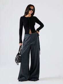 LYSMO Women's Plaid Wrap Straight Leg Loose Fit Fashionable Versatile Suit Pants