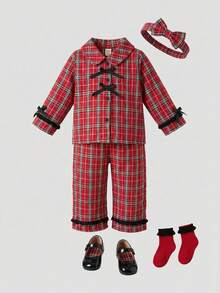 SHEIN 2pcs Baby Girl Cute Sweet Preppy Vintage Fashion Red Plaid Tartan Checkered Pattern Black Bow Knot Decor Ruffle Trim Long Sleeve Lapel Collar Button Down Shirt Blouse Tops And Elastic Waist Pants Trousers Two Pieces Outfit Sets Sleepwear Pajamas Soft Clothes For Christmas Holiday New Year Party Photo Shoot Daily Wear Fall Autumn Winter - Red - View 8