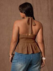 Rustia Plus Size Women Solid Color Halter Tie Back Ruffle Hem Top, Fashionable And Versatile For Commuting And Dating - Coffee Brown - View 2