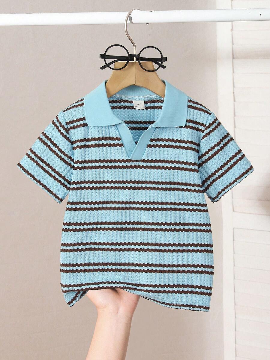 SHEIN Genkimix Kids 1件男童休闲学院风华夫格条纹针织V领polo衫,适合春夏穿着。适合上学和居家穿着。 - 藍色 - 查看 1