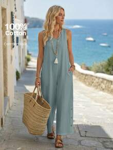 EMERY ROSE 女士纯色V领带口袋宽松休闲阔腿无袖连体裤 - 綠色 - 查看 6