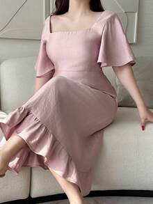 Dazy Plus Đầm dáng rộng, cổ vuông, tay ngắn, thắt eo, màu hồng, kiểu dáng thanh lịch, thích hợp cho mùa xuân/hè. - Hồng - Xem 6