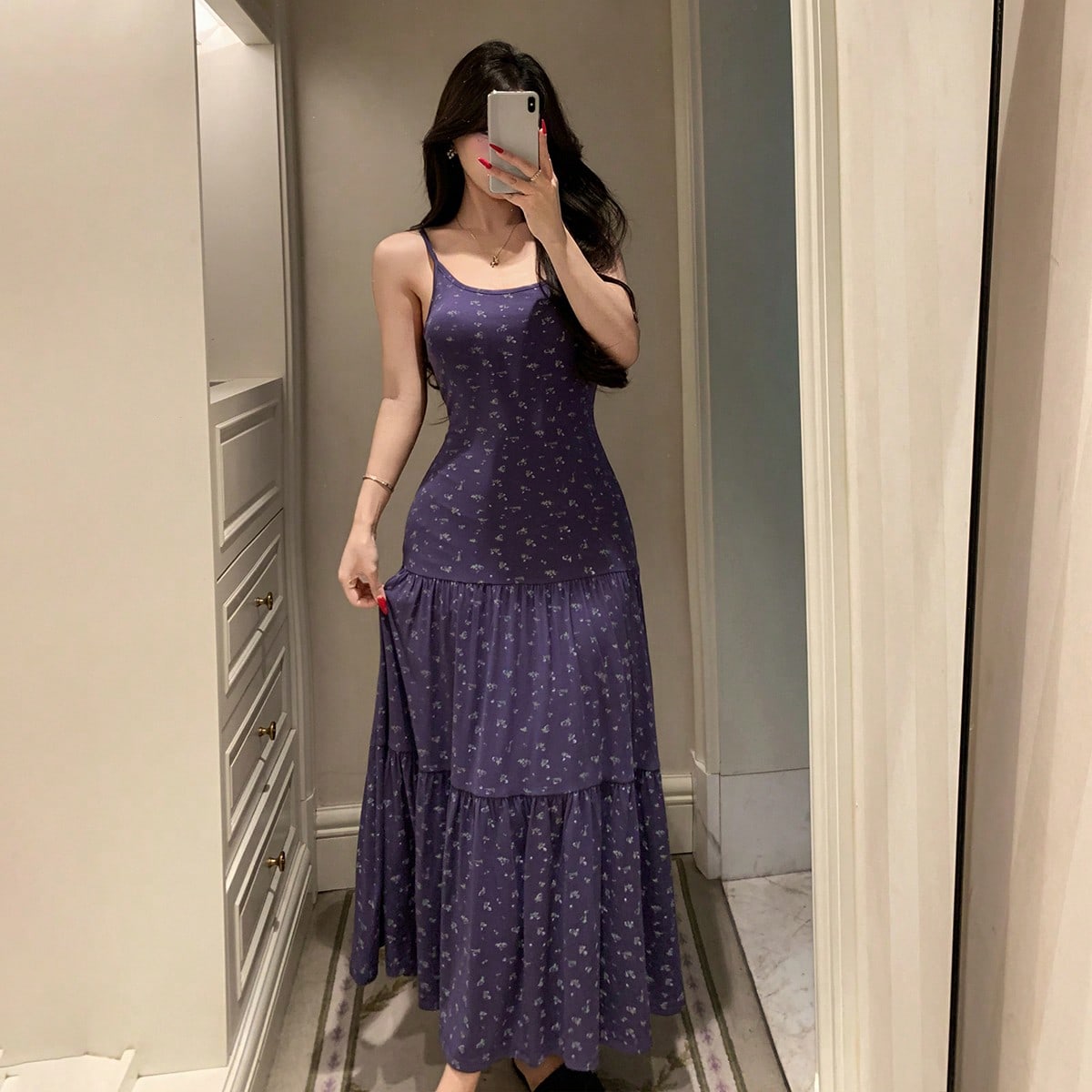 Vestido de tirantes largo con estampado floral diminuto, estilo vacaciones para mujeres