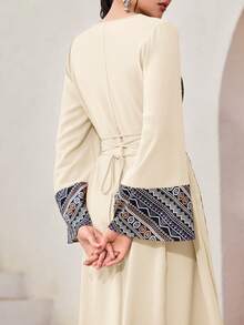 Al Najma Đầm maxi Thổ Nhĩ Kỳ in họa tiết dành cho nữ, áo choàng dài truyền thống Ả Rập. - Màu be - Xem 7