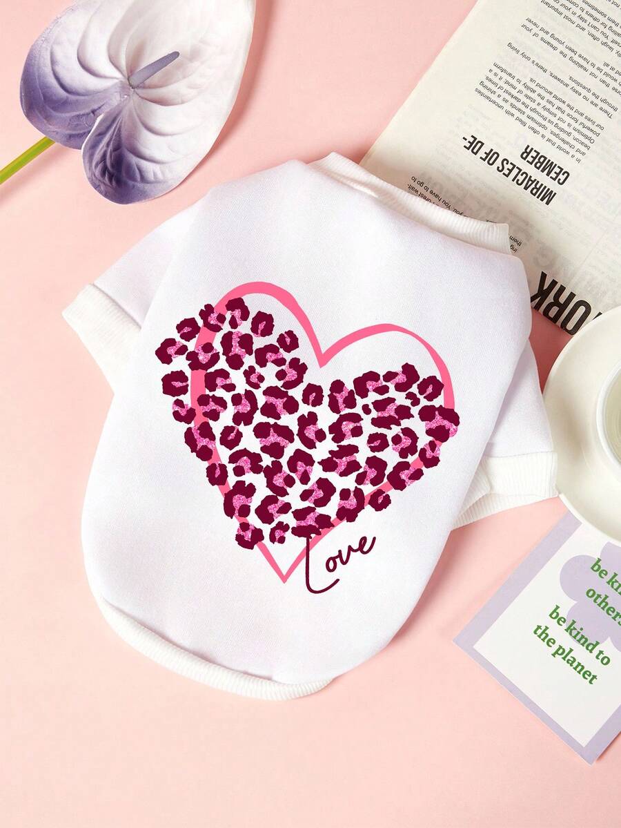 PETSIN 1 Pc Leopard Print Wrapped Love Valentine's Day Letter Print Pet White Autumn And Winter Casual Sports Style Pet Clothing
