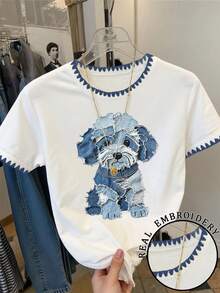 Resyla Women's Casual Cartoon Dog Print Round Neck Short Sleeve T-Shirt, Versatile - White - View 1