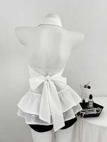 Elamini Women's Collared Sleeveless Lace Patchwork A-Line Babydoll Shirt, Spring/Summer - White - View 2