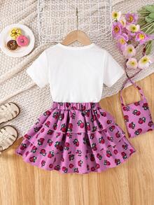 SHEIN 2pcs Baby Girl Knitted Round Neck Short Sleeve T-Shirt&Floral Skirt Set,White,Summer,Cute,Concert,Traditional Festival Performance Outfit,Ruffle - Multicolor - View 2
