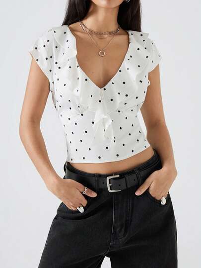 LYSMO 2026 New Arrive Minimalism Spring/Summer Women's Polka Dot Print Short Sleeve Top,Going Out Top,Vacation/Boho