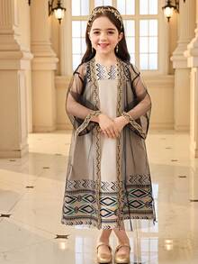 Young Girl Casual Vacation Jacquard Striped Ribbon Splice Mesh Jacket And Loose Fit Long Print Dress Set, Beige/Khaki Pakistani Clothes For Kids Kids Abaya Dress Kids Arabic Dress Beige Dress For Girls - Khaki - View 2