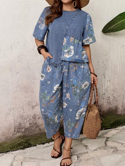 EMERY ROSE 大码女式休闲印花牛仔上衣和修身牛仔裤两件套，春夏秋季