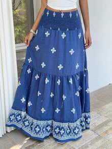 Sunnyshic Navy Blue Embroidered Pattern Waist Gathered Pleated Ruffle Hem Loose Long Skirt For Women, Spring/Summer , Vacation, Bohemian, Elegant, Casual, Date, Minimalist - Navy Blue - View 1