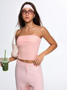 Eassivo Kurzer, anliegender einfarbiger Lässig Strickpullover - Pink - Übersicht 6