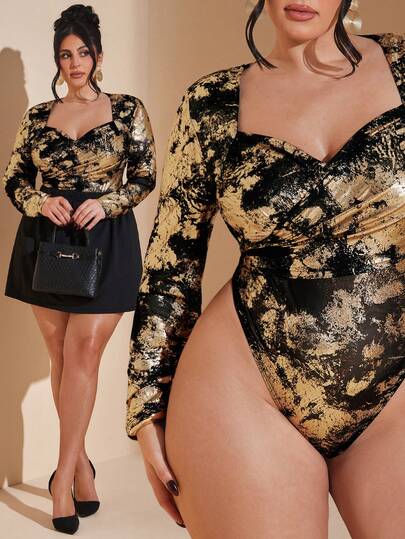 SHEIN BAE Plus Size Autumn/Winter Slim-Fit Sexy Sheer Plunging Neck Ruched Bodysuit With Gold Foil Print, Suitable For Elegant For Party, Date, Clubbing, Valentine's Day,  Romantic Occasions, High-End Events, Stage Performance Black And Gold Top Long Sleeve Top Gold Blouse Glittery Top Gold Sequin Top , Graduation Party,Graduation Season, Valentine's Day, Parties, Weddings Gold Bodysuit, Bodysuits For Women Plus, Gold Long Sleeve Bodysuit