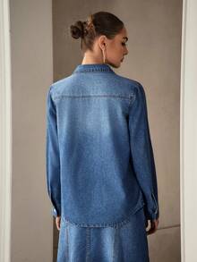 Selenza Women's Applique Long Sleeve Single-Breasted Casual Denim Shirt - Medium Wash - View 4