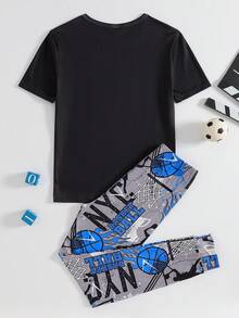 Teenage Boys' Short Sleeve & Full Print Pants Pajama Set, Glow-In-The-Dark Basketball Player Pattern Snug Fit Gamer Boys Jogger Sets - Black - View 2