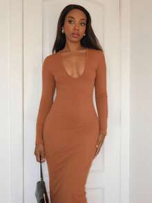 Yess Loren 女式深 V 领长袖超长紧身连衣裙，性感又时尚 - 棕色 - 查看 3