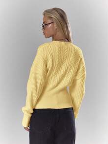 MUSERA V领麻花针织收腰开衫，秋季舒适可爱休闲，适合咖啡馆、俱乐部、冬季、晚宴、新年、感恩节等场合，春季皆宜。 - 鵝黃色 - 查看 2