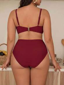 Swim Chiccia 大码女式两件套纯色加厚时尚简约分体泳衣套装 - 酒紅色 - 查看 2