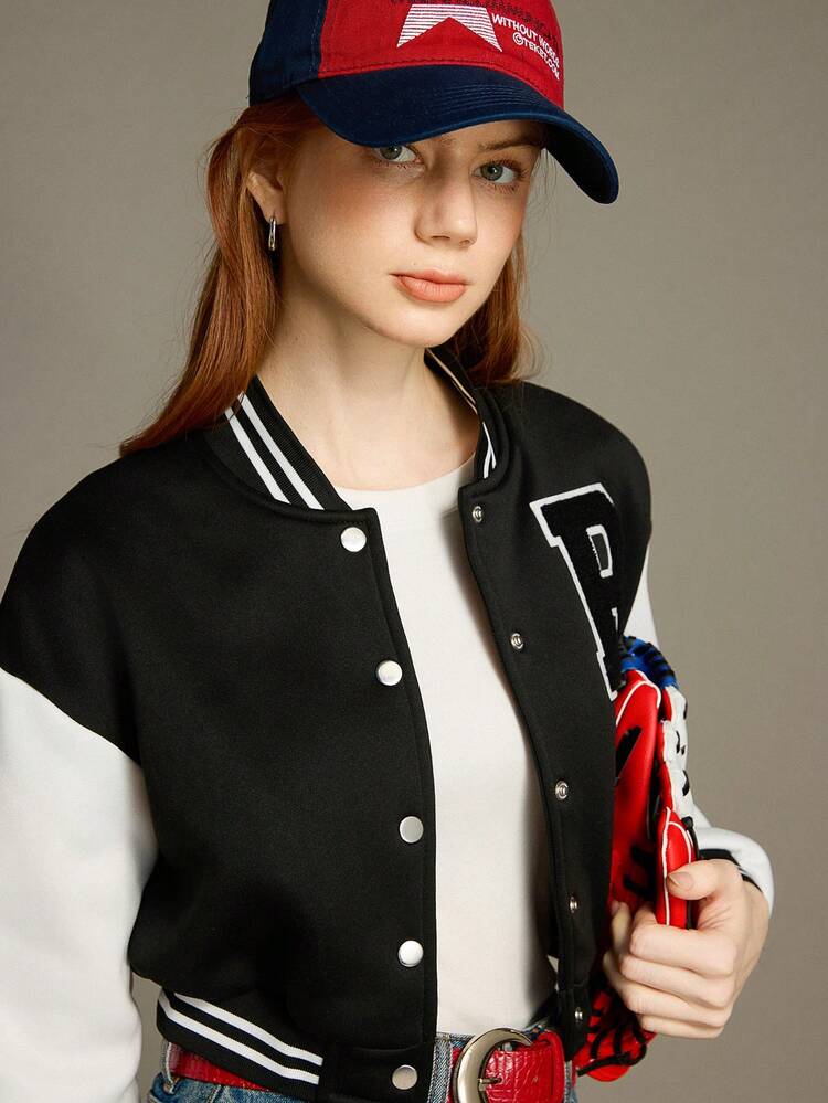 SHEIN ChicEase Upgrade Version Preppy Style Y2K Women's Retro Contrast Black And White Color Patchwork Letter Embroidery Single-Breasted Baseball Jacket 80s Spring/Autumn - Black - View 4