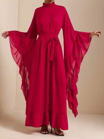 SHEIN Veneréa 立领长袖荷叶边薄纱蝴蝶结收腰时尚性感女士长裙