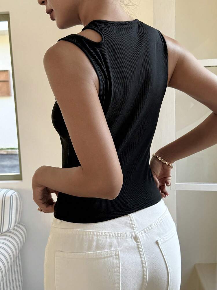 Women's Solid Color Fitted Hollow Out Round Neck Casual Camisole Top, Spring/Autumn Y2k