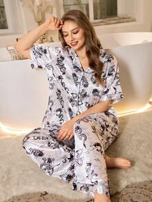 MuseNap CURVE Set Piyama Ukuran Besar Motif Naga dan Awan Gaya Cina - Hitam - View 6