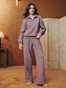 Anewsta Fashionable Thermal Lined Rhinestone Design Loose Wide-Leg Purple Women's Sweatpants, Suitable For Fall, Festival, Spring - Purple - View 5