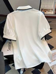 SHEIN LUNE CURVE Camisa corta con cuello vuelto y bordado para tallas grandes - Blanco - Ver 2