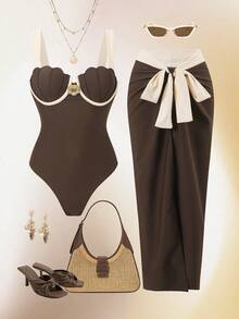 Swim Oasis 2026 Spring/Summer Women's Beach Vacation Casual Vintage Luxury Contrast Color Metal Shell Decor Backpack Shell Cup One Piece Swimsuit & Wrap-Around Skirt High-End 2-Piece Set - Brown - View 3