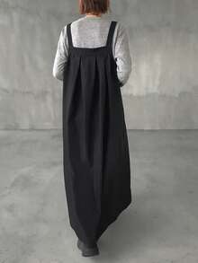 FRIFUL Women's Pleated Solid Color Maxi Pinafore Dress Sundress - Black - View 5