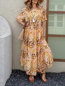 Vivie Lora Women's Floral Long Dress, Round Neck Sundress Boho Vacation Outfits Women - Multicolor - View 6