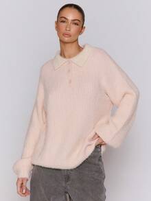 MUSERA Suéter oversize con detalles de botones de dos tonos de mohair, estilo de calle, lindo, para invierno y primavera - Rosa - Ver 2