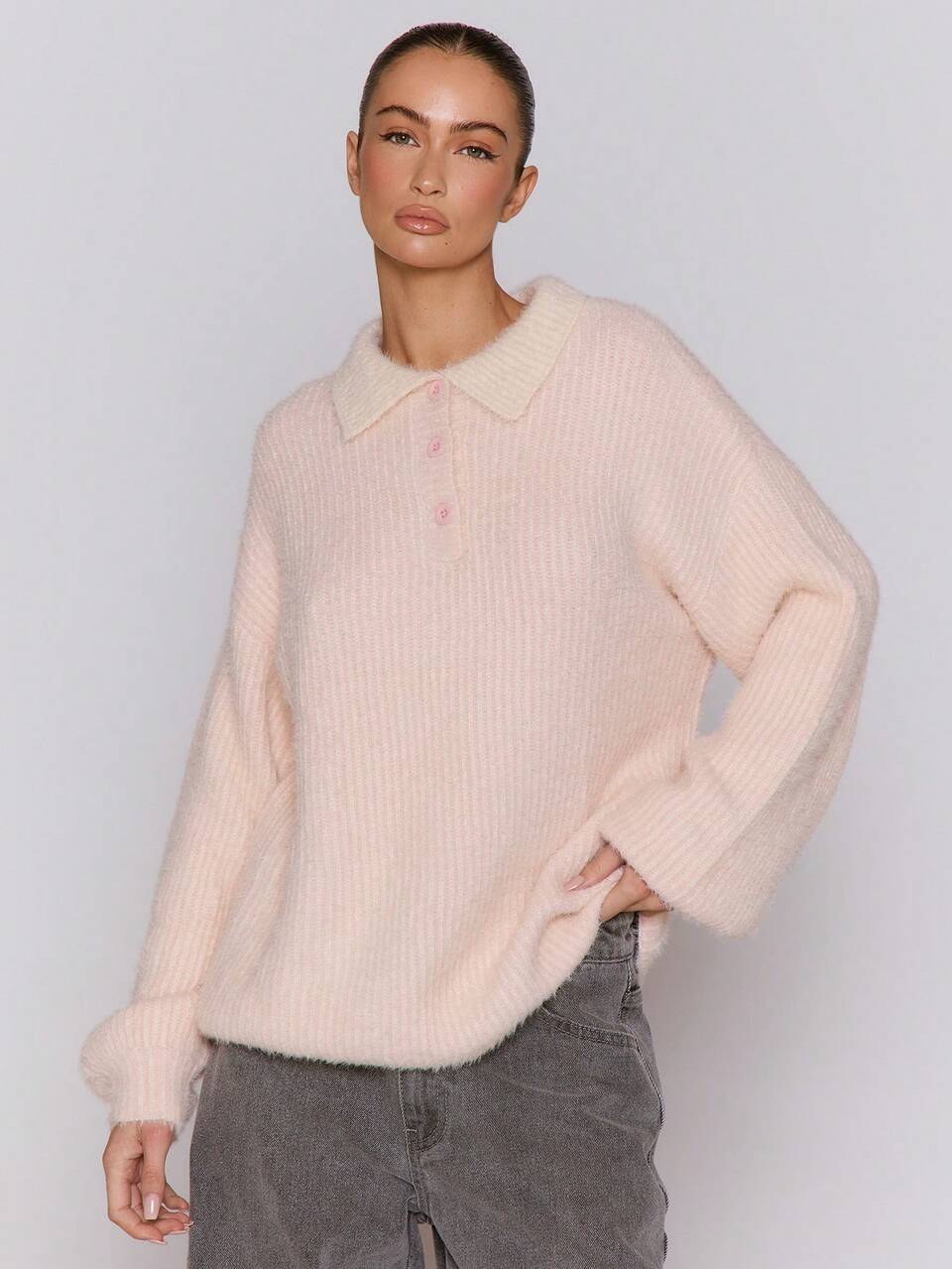 Dwukolorowy sweter z dzianiny moherowej z kołnierzykiem i obszernymi guzikami, modny, w stylu ulicznym, uroczy, zimowy, wiosenny